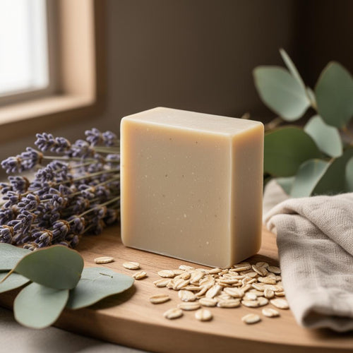Savon bio naturel sur planche en bois avec lavande, eucalyptus et avoine